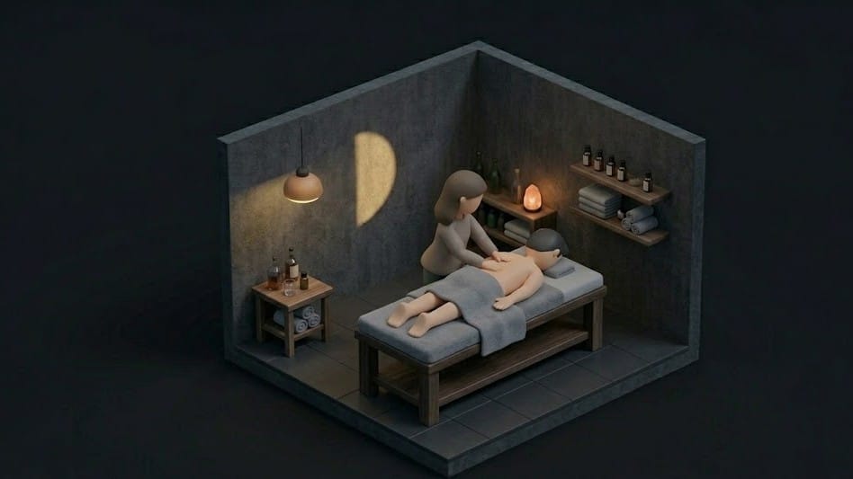 어두운 스파 룸에서 마사지 베드에 누워 있는 남성과 마사지를 하는 여성을 표현한 미니멀 일러스트 이미지