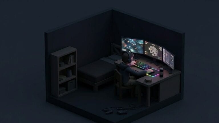 어두운 방에서 컴퓨터로 게임을 하고 있는 남성을 표현한 미니멀 일러스트 이미지