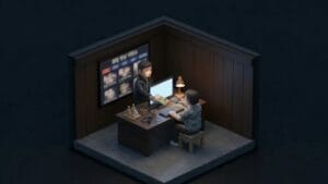 어두운 방에서 영상을 다른 사람에게 판매하는 남성을 표현한 미니멀 일러스트 이미지