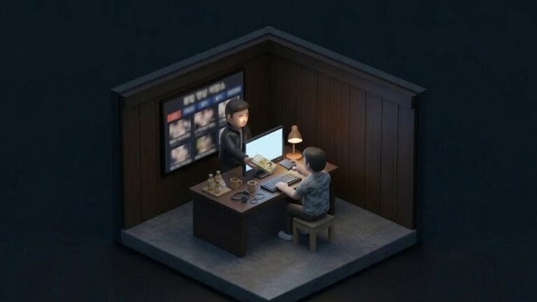 어두운 방에서 영상을 다른 사람에게 판매하는 남성을 표현한 미니멀 일러스트 이미지