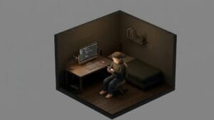 어두운 방에서 컴퓨터 책상에 앉아 휴대폰을 보고 있는 남성을 표현한 미니멀 일러스트 이미지