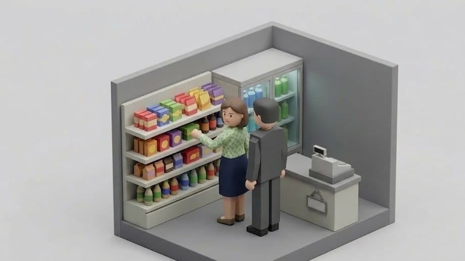 마트에서 치마를 입은 여성 뒤에 가까이 서 있는 남성을 표현한 미니멀 일러스트 이미지