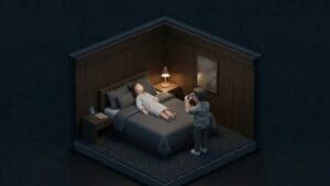 호텔 방에서 여성이 누워 있고 남성이 사진을 찍는 장면을 표현한 미니멀 일러스트 이미지