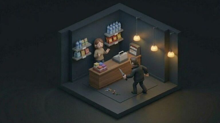 어두운 편의점에서 남성이 여성 점원을 향해 흉기를 들고 협박하는 장면을 표현한 미니멀 일러스트 이미지