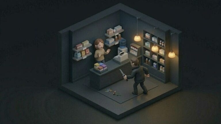 어두운 약국에서 남성이 여성 점원을 향해 흉기를 들고 협박하는 장면을 표현한 미니멀 일러스트 이미지