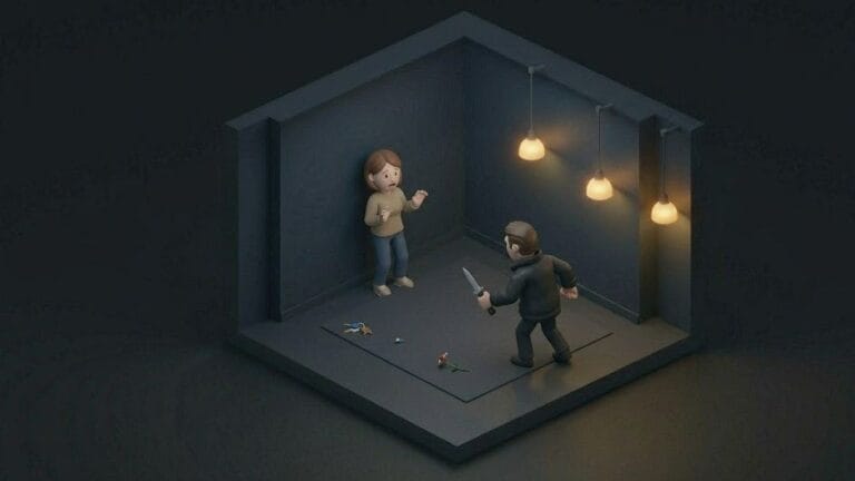 어두운 집 안에서 남성이 흉기를 들고 여성을 협박하는 장면을 표현한 미니멀 일러스트 이미지