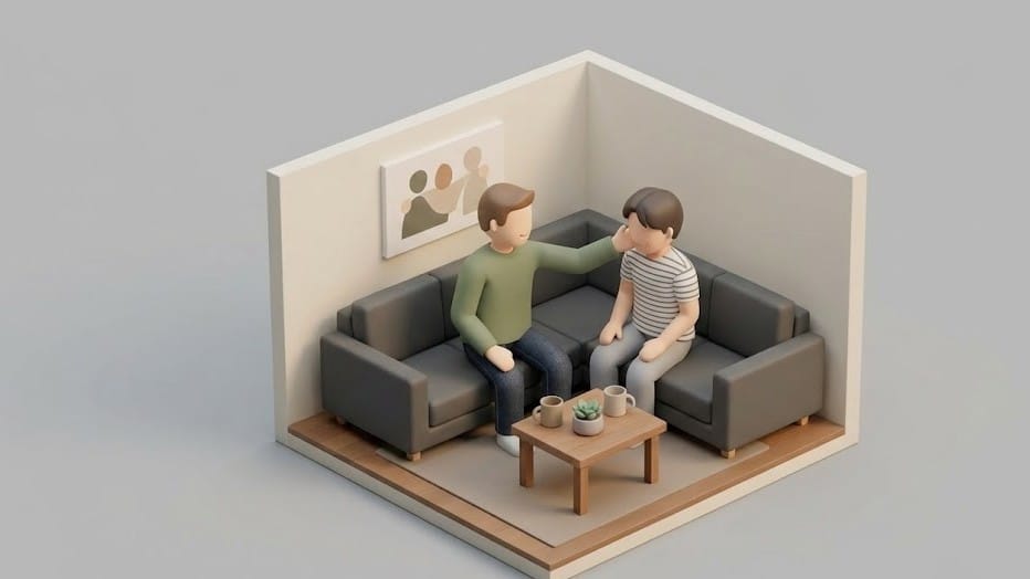 한 남자가 친구 남자의 볼을 귀엽게 만지는 장면을 표현한 미니멀 일러스트 이미지