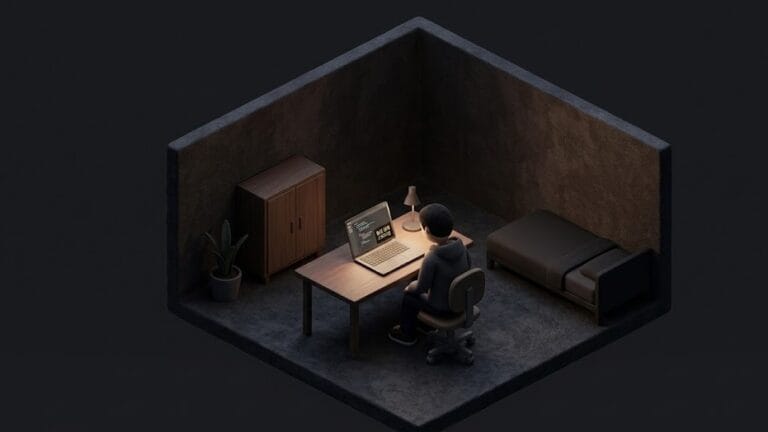 어두운 방에서 노트북 화면에 토렌트 프로그램이 보이고 남자의 뒷모습이 보이는 미니멀 일러스트 이미지