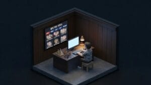 어두운 방에서 모니터에 불법 영상 사이트 화면이 보이고 그 앞에 앉아 있는 남성을 표현한 미니멀 일러스트 이미지