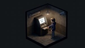 어두운 배경에서 ATM 기계로 현금을 인출하는 남성을 표현한 미니멀 일러스트 이미지