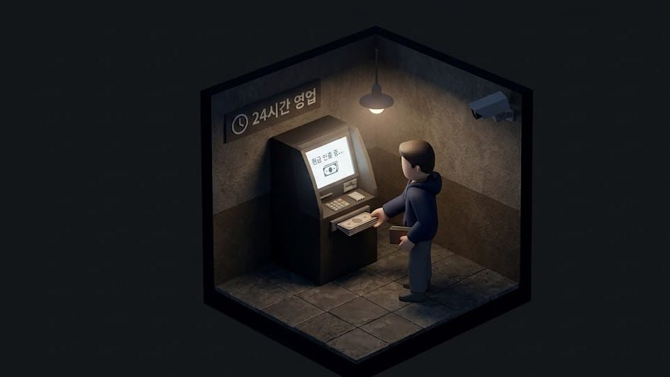 어두운 배경에서 ATM 기계로 현금을 인출하는 남성을 표현한 미니멀 일러스트 이미지