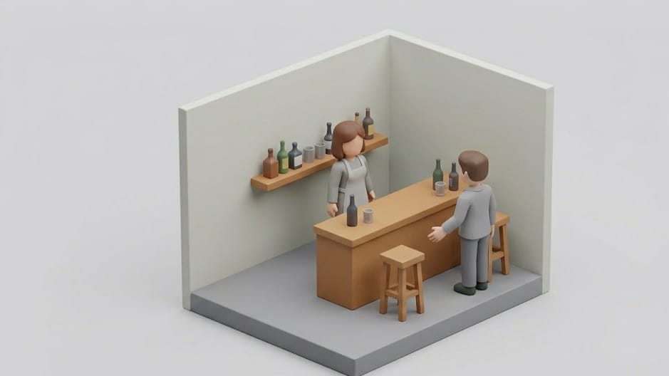 회색 옷을 입은 남성 손님이 주점 카운터 앞에서 여성 직원에게 손을 뻗어 신체 접촉을 하는 미니멀 3D 아이소메트릭 이미지
