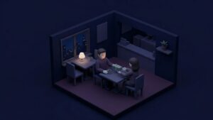 어두운 밤, 차분한 조명이 켜진 카페 안에서 두 남녀가 마주 앉아 돈다발을 주고받는 모습을 표현한 미니멀한 3D 아이소메트릭 일러스트. 창밖으로 도시의 야경이 보이며 전반적으로 어두운 남색과 보라색 톤의 차분한 분위기.