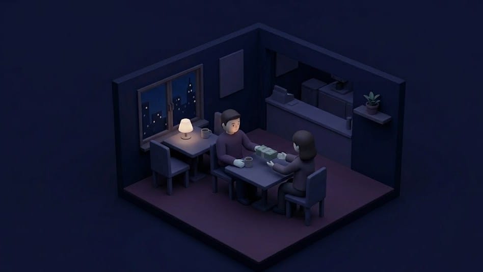 어두운 밤, 차분한 조명이 켜진 카페 안에서 두 남녀가 마주 앉아 돈다발을 주고받는 모습을 표현한 미니멀한 3D 아이소메트릭 일러스트. 창밖으로 도시의 야경이 보이며 전반적으로 어두운 남색과 보라색 톤의 차분한 분위기.