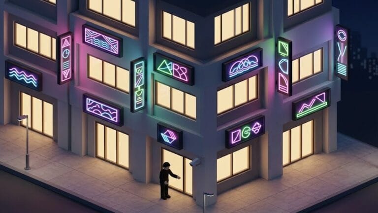 "화려한 네온사인 간판이 달린 미니멀한 3D 상가 건물 외관. 건물 입구에는 손님을 맞이하는 남성의 검은 실루엣이 서 있고, 그 위로 작은 CCTV 카메라가 입구를 비추고 있는 야간 일러스트."