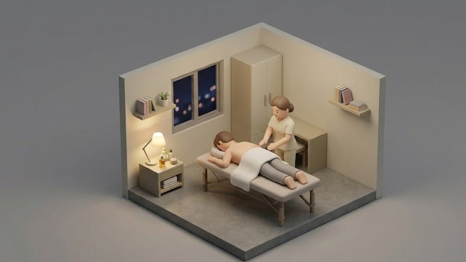 저녁 시간 오피스텔 방 안을 배경으로 한 미니멀한 3D 아이소메트릭 일러스트. 마사지 베드에 한 남자가 엎드려 있고, 그 옆에 한 여자가 서서 마사지를 준비하는 모습. 창밖으로 밤거리의 불빛이 보이며, 부드러운 조명과 차분한 베이지 톤의 가구들이 배치된 아늑한 분위기.
