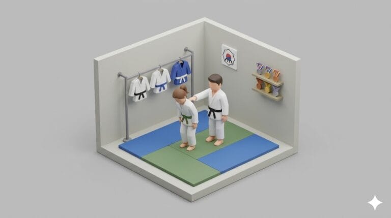 유도 체육관 매트 위에서 도복을 입은 남성 관장이 여성 수강생의 어깨를 짚으며 자세를 교정해주는 3D 아이콘 이미지