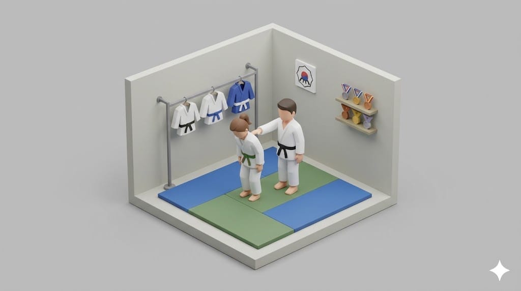 유도 체육관 매트 위에서 도복을 입은 남성 관장이 여성 수강생의 어깨를 짚으며 자세를 교정해주는 3D 아이콘 이미지
