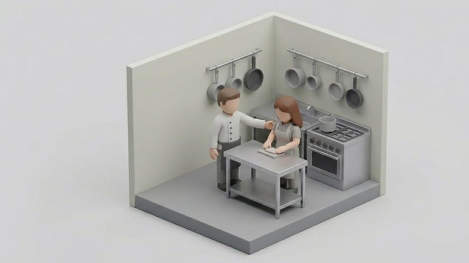 식당 주방에서 조리대 앞의 여성 직원과 그 뒤에서 어깨에 손을 올리고 있는 남성 매니저를 표현한 3D 아이콘 이미지