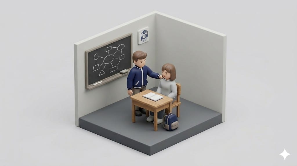 대학교 강의실 책상과 의자가 단순화된 배경에서 남성 캐릭터가 뒤쪽에서 여성 캐릭터의 어깨에 손을 올리고 있는 미니멀 3D 아이콘 이미지