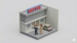 모텔 건물 앞의 저폴리(low-poly) 디오라마에서 한 남성 아이콘이 한 여성 아이콘의 손을 잡고 앞장서며, 남성 아이콘이 다른 손에 쥔 스마트폰의 말풍선 아이콘을 내려다보고 있는 미니멀 3D 아이소메트릭 이미지
