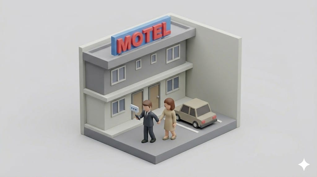 모텔 건물 앞의 저폴리(low-poly) 디오라마에서 한 남성 아이콘이 한 여성 아이콘의 손을 잡고 앞장서며, 남성 아이콘이 다른 손에 쥔 스마트폰의 말풍선 아이콘을 내려다보고 있는 미니멀 3D 아이소메트릭 이미지