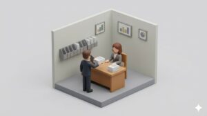 오피스 책상 앞에서 서류 뭉치를 건네는 남성 손님과 이를 받는 여성 직원 캐릭터를 표현한 미니멀 3D 아이소메트릭 이미지