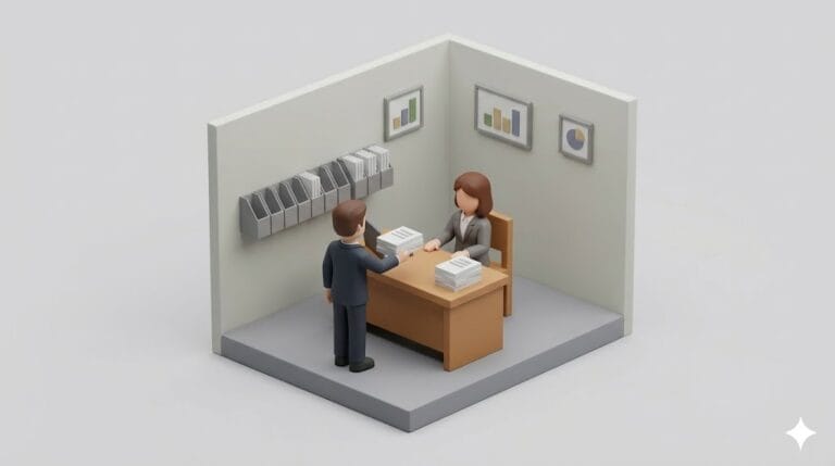 오피스 책상 앞에서 서류 뭉치를 건네는 남성 손님과 이를 받는 여성 직원 캐릭터를 표현한 미니멀 3D 아이소메트릭 이미지