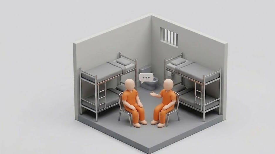 교도소 셀 내부의 두 죄수가 대화하는 모습을 표현한 미니멀 3D 아이소메트릭 이미지