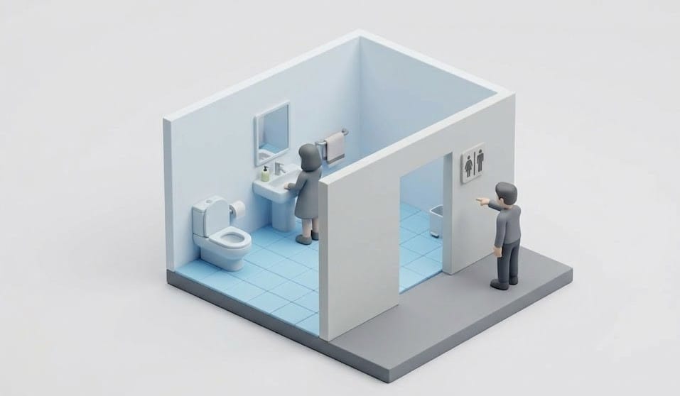 화장실 내부의 여자와 밖에서 지켜보는 남자의 모습을 표현한 미니멀 3D 아이소메트릭 이미지