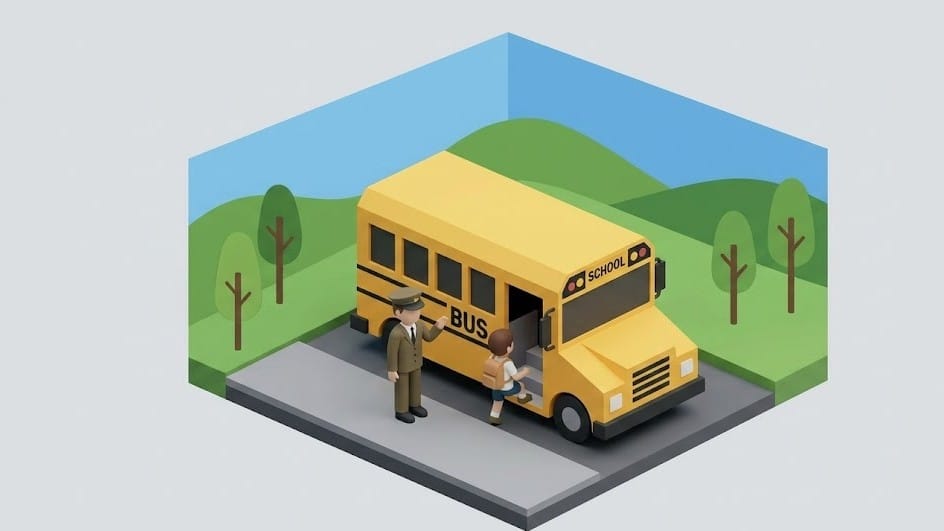 야외 도로 위 노란색 스쿨버스 앞에 서 있는 버스 기사와 버스에 올라타는 어린이를 묘사한 3D 아이소메트릭 이미지