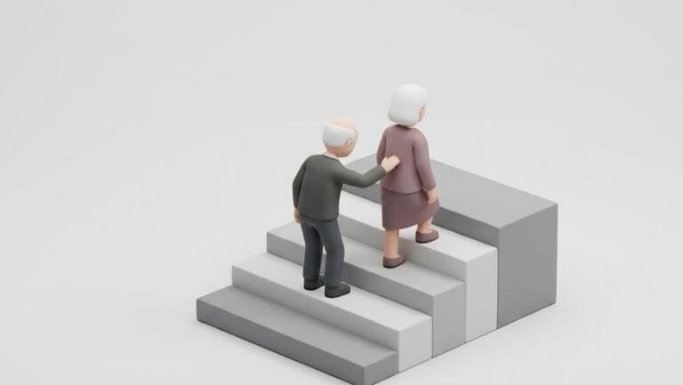 계단 위에서 회색 옷을 입은 노인이 자주색 옷을 입은 노인의 등에 손을 올리고 있는 미니멀 3D 아이소메트릭 이미지