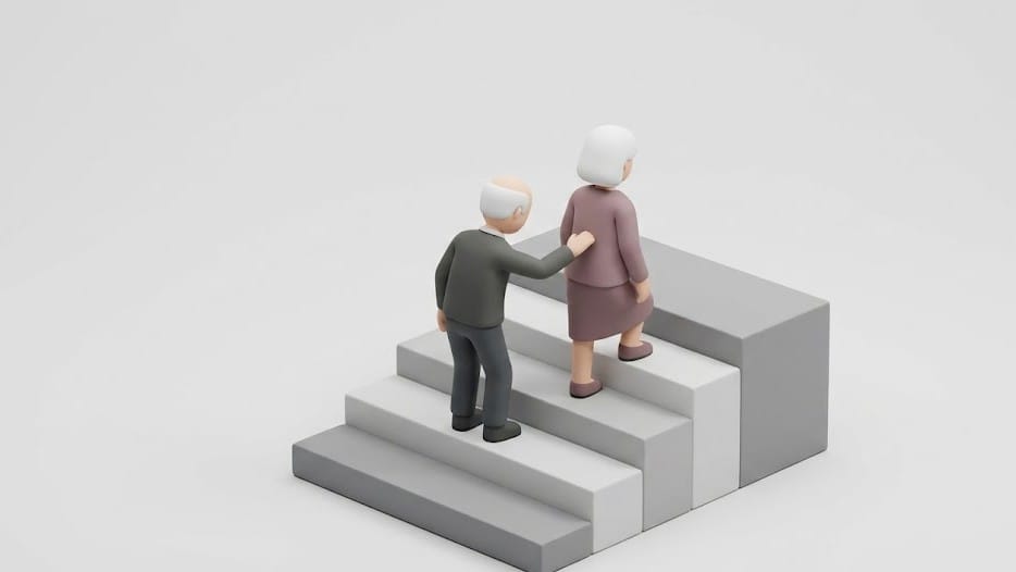 계단 위에서 회색 옷을 입은 노인이 자주색 옷을 입은 노인의 등에 손을 올리고 있는 미니멀 3D 아이소메트릭 이미지