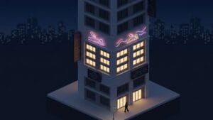 미니멀한 3D 아이소메트릭 일러스트 스타일의 고층 오피스텔 건물 한 동이 어두운 밤하늘과 흐릿한 도시 스카이라인을 배경으로 서 있습니다