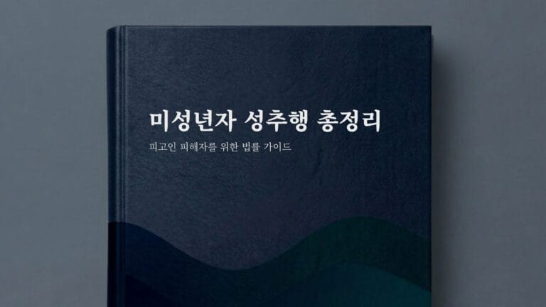 어두운 배경에 법과 보호를 상징하는 요소로 구성된 미성년자 성범죄 법률 안내 책자 표지 이미지이다.