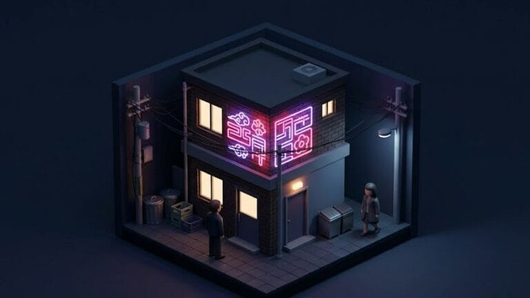 야간 도심 골목에서 2층에 네온사인 간판이 켜진 휴게텔 건물을 표현한 미니멀 일러스트 이미지