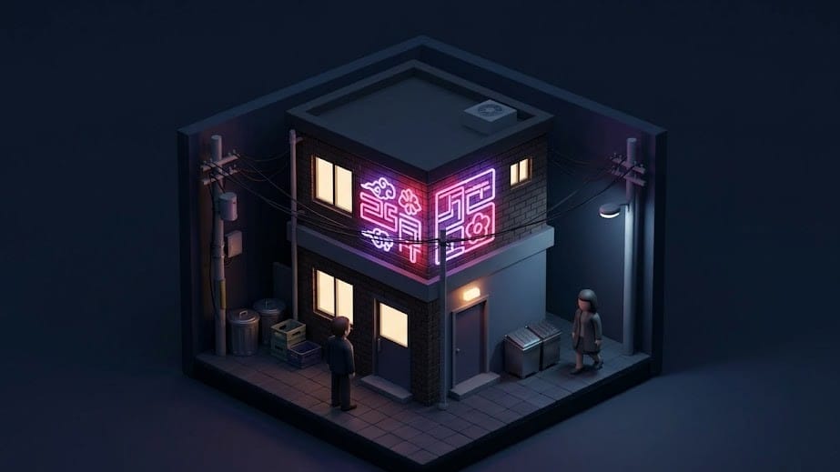 야간 도심 골목에서 2층에 네온사인 간판이 켜진 휴게텔 건물을 표현한 미니멀 일러스트 이미지