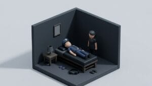 어두운 안마방에서 경찰이 누워 있고 옆에 여성이 서 있는 장면을 표현한 미니멀 일러스트 이미지