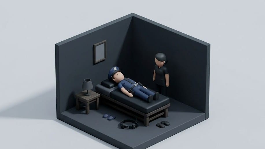 어두운 안마방에서 경찰이 누워 있고 옆에 여성이 서 있는 장면을 표현한 미니멀 일러스트 이미지
