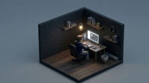 isometric view of a room, where a person is sitting on a chair and using a personal computer