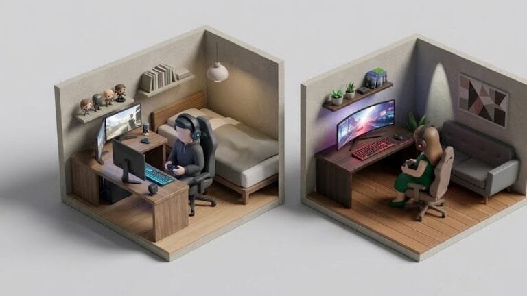 온라인 게임에서 알게된 남녀가 각자 방에서 게임으로 소통하는 이미지