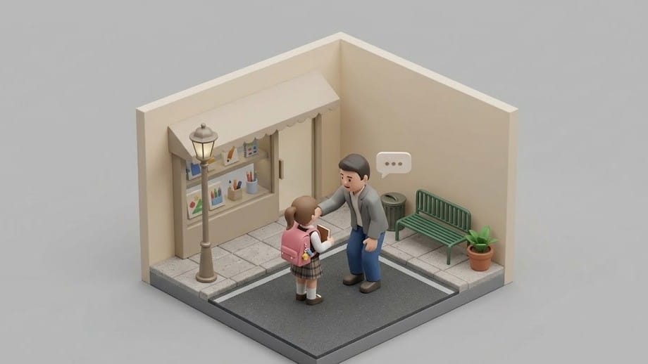 길거리에서 성인 남성이 초등학생 여자아이에게 말을 걸며 서 있는 장면이다.