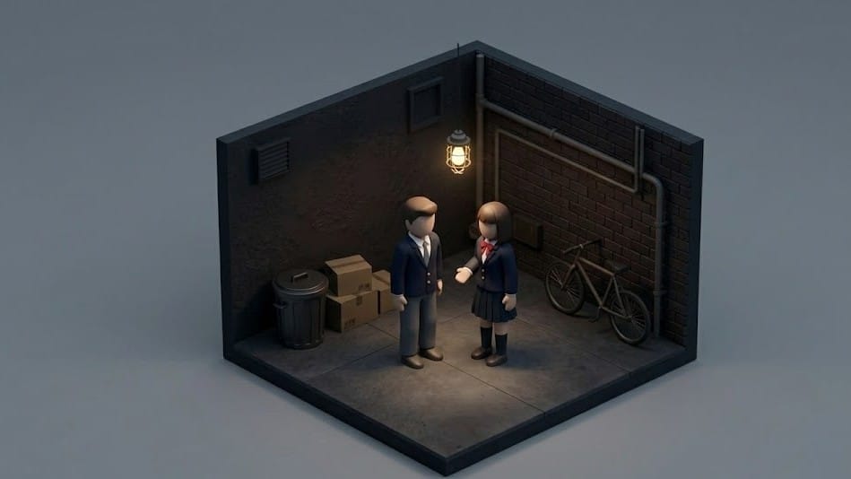 어두운 밤 골목길 전등 아래에서 교복을 입은 남학생과 여학생이 마주 보고 이야기하는 미니멀한 3D 일러스트.