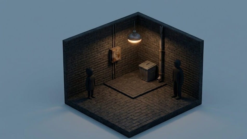 인적이 드문 골목길에서 여자 청소년과 성인 남성이 멀리 마주 서 있는 실루엣 미니멀 일러스트 이미지