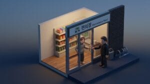 저녁 편의점 문 안쪽에 불안한 표정의 10대 여성이 서 있고 문 밖에 남성이 서 있는 장면을 표현한 미니멀 일러스트 이미지