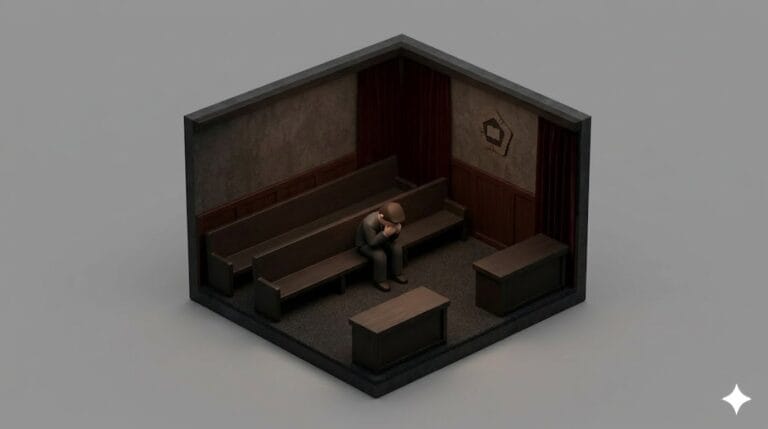 법정 방청석에서 어두운 분위기 속에 고개를 숙이고 있는 사람의 실루엣을 상징적으로 표현한 일러스트