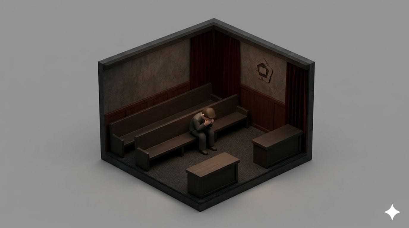 법정 방청석에서 어두운 분위기 속에 고개를 숙이고 있는 사람의 실루엣을 상징적으로 표현한 일러스트