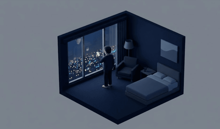 호텔 객실에서 출장마사지 광고를 보고 전화를 거는 사람과, 반대편에서 전화를 받는 여성 종업원을 상징적으로 표현한 일러스트