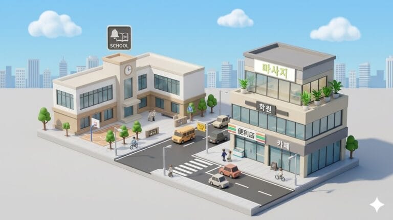 학교 근처 건전 마사지업소 외관과 학교를 함께 담은 일러스트