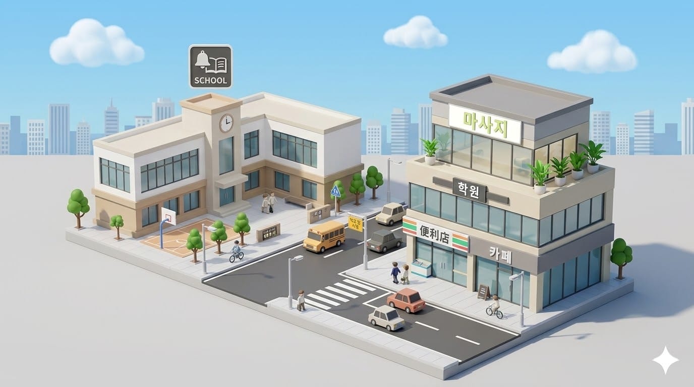 학교 근처 건전 마사지업소 외관과 학교를 함께 담은 일러스트